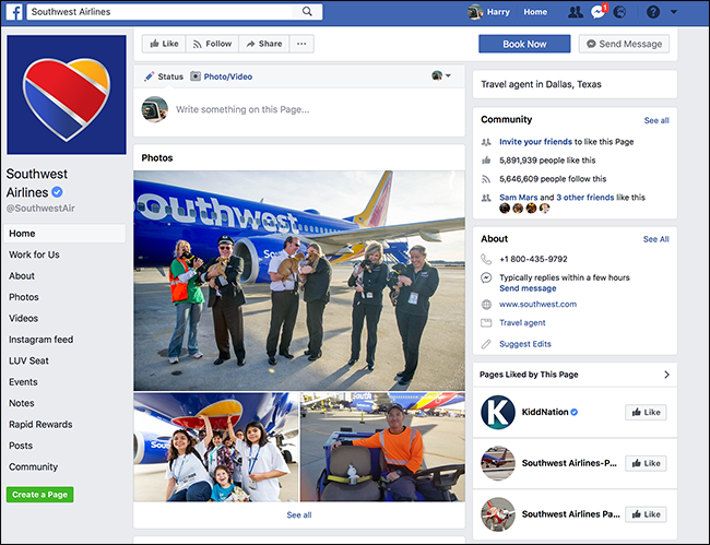 Подтверждённая страница Southwest Airlines с синей галочкой