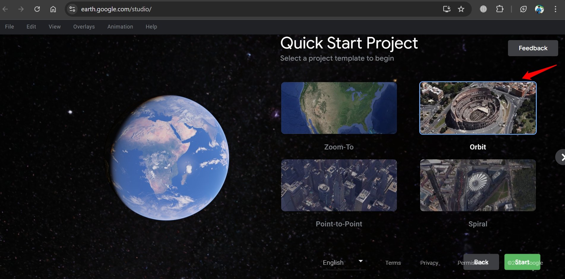 Выбор шаблона проекта в Earth Studio