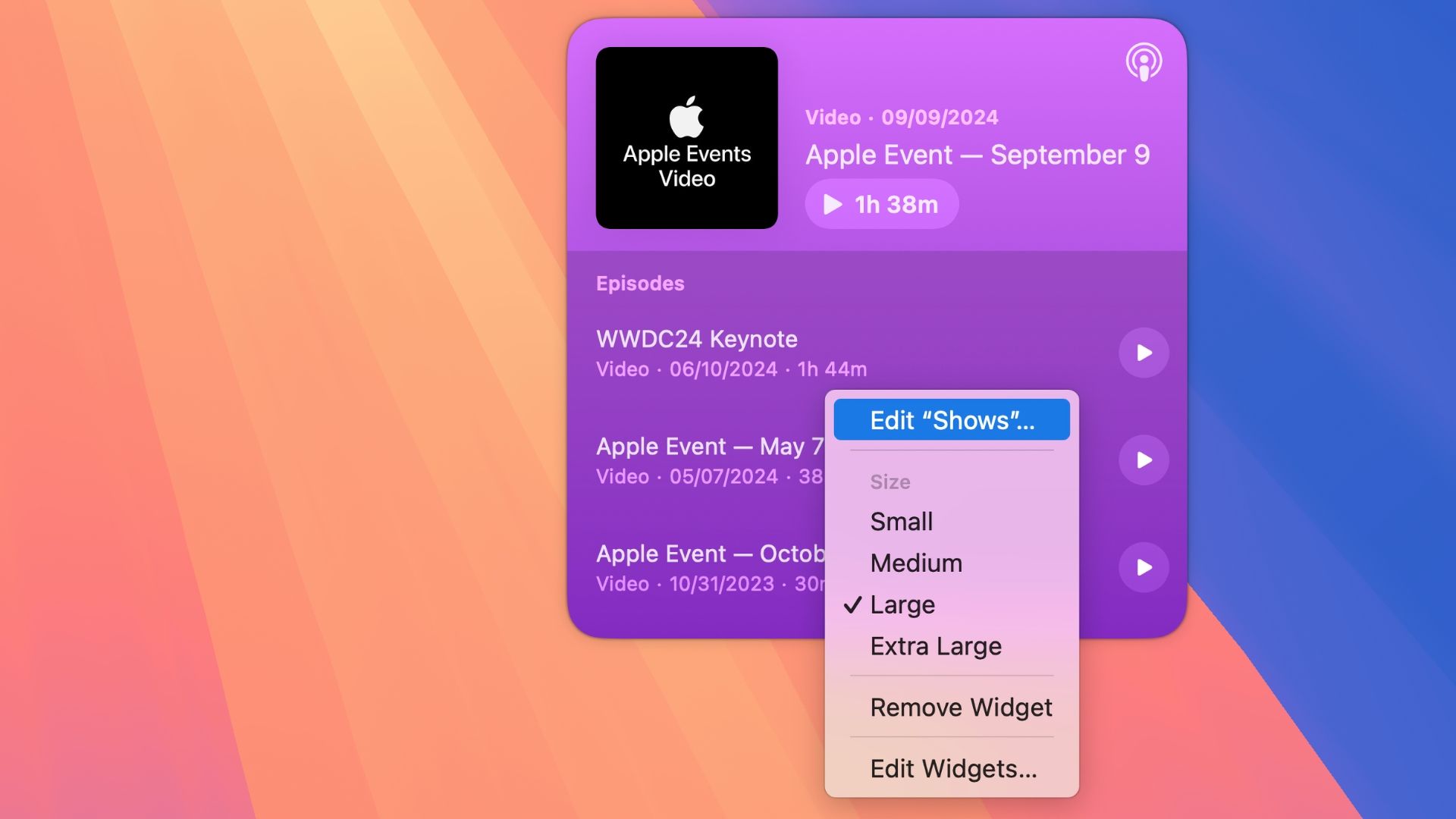 Контекстное меню виджета Podcasts с выбранной командой Edit Widget.