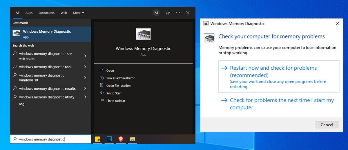 Окно средства диагностики памяти Windows