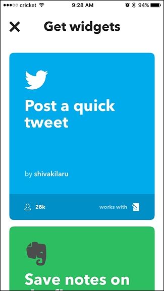 Список доступных виджетов в IFTTT на iPhone