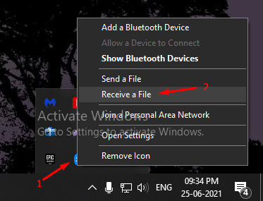 Кликните по значку Bluetooth и выберите «Принять файл» в Windows
