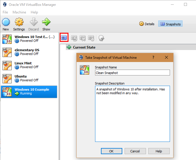 Создание снимка виртуальной машины в VirtualBox