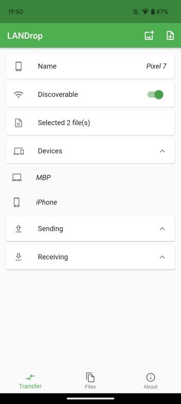 Список доступных устройств в локальной сети в LANDrop