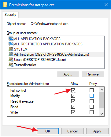 Подтверждение изменения разрешений безопасности