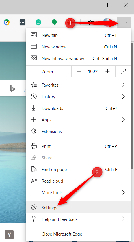 Открыть меню и перейти в Настройки в Microsoft Edge