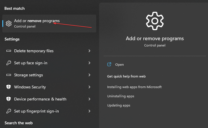 Список установленных приложений в Параметрах Windows