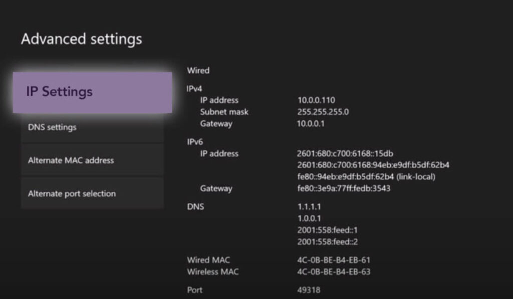 Informations IP et MAC sur Xbox One pour configuration réseau