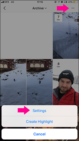 Меню настроек Архива в Instagram