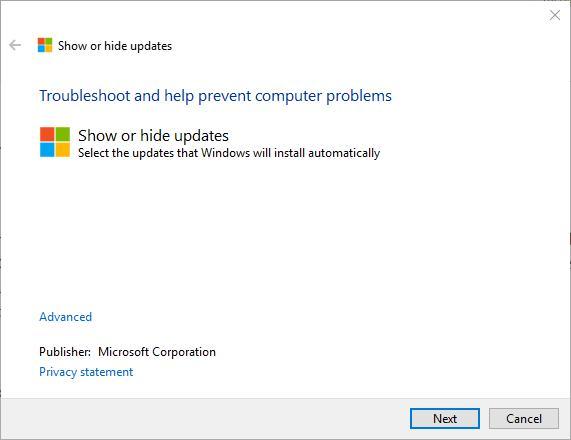 Инструмент 'Показать или скрыть обновления' — окно