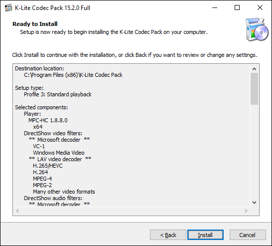 Нажмите Install, чтобы начать установку K-Lite Codec Pack