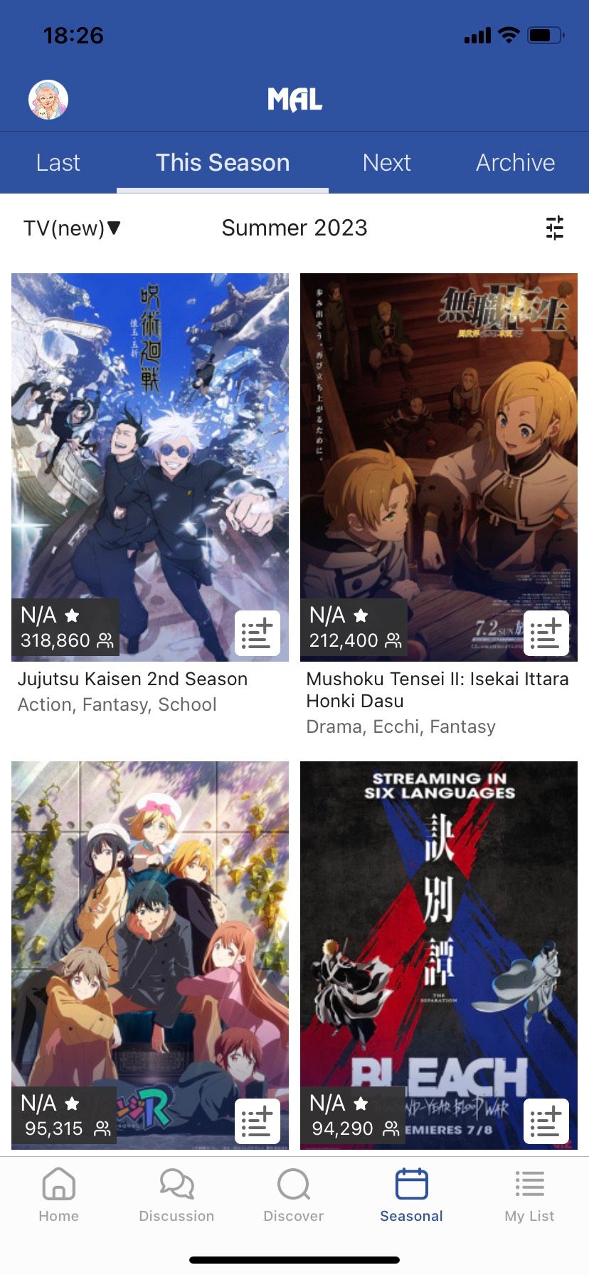 Сезонные релизы в приложении MyAnimeList