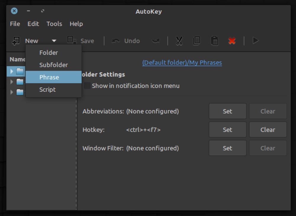 Создание новой фразы в AutoKey: диалог 'Новая фраза'