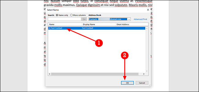Окно выбора контакта: список контактов и кнопка ОК
