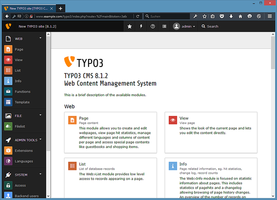 Интерфейс TYPO3 8.1 CMS.