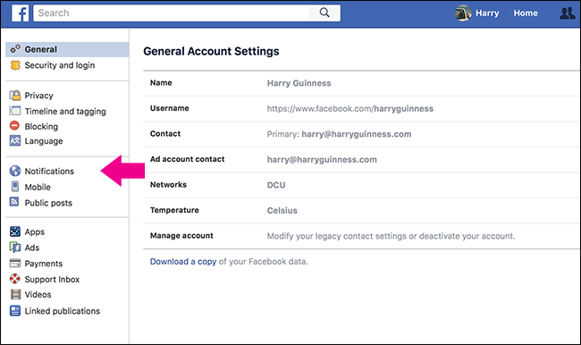 Раздел уведомлений в настройках профиля Facebook