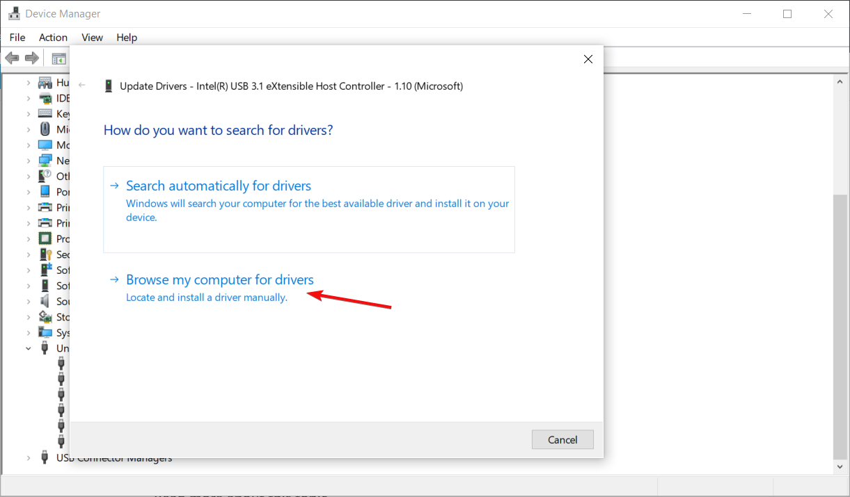 Выбор поиска драйвера на компьютере