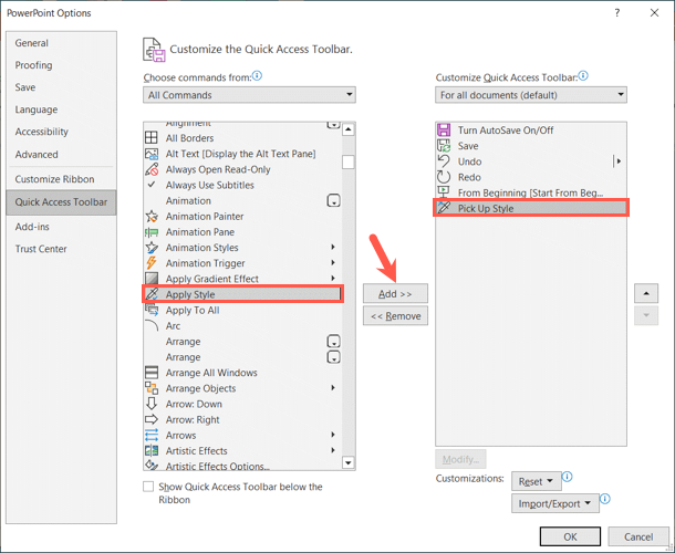 Добавление кнопок «Забрать стиль» и «Применить стиль» на панель
