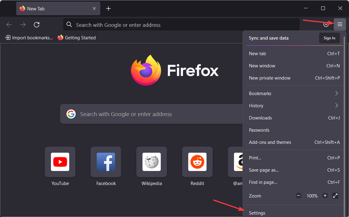 Главное меню Firefox с пунктом «Настройки»