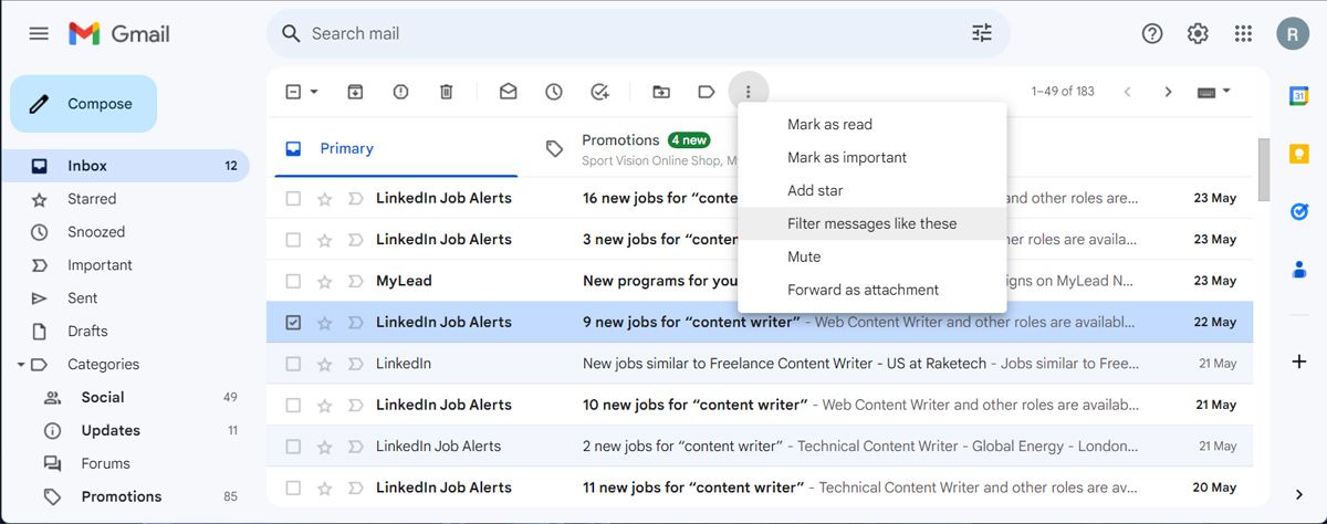Создать фильтр в Gmail