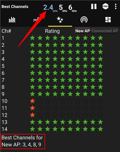 Выбор диапазона и рейтинг каналов по звёздам в приложении Wifi Analyzer