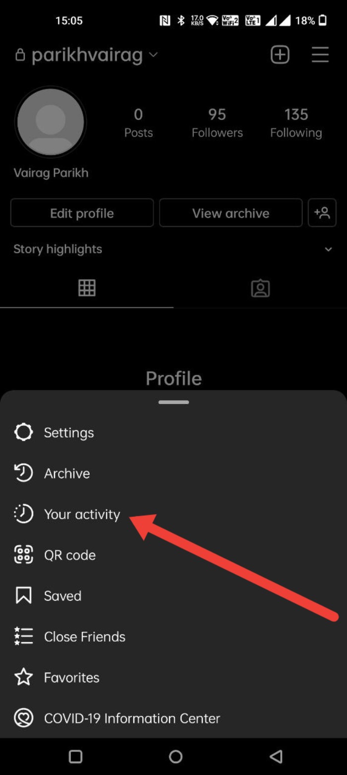 Список видов взаимодействий в Android-версии Instagram