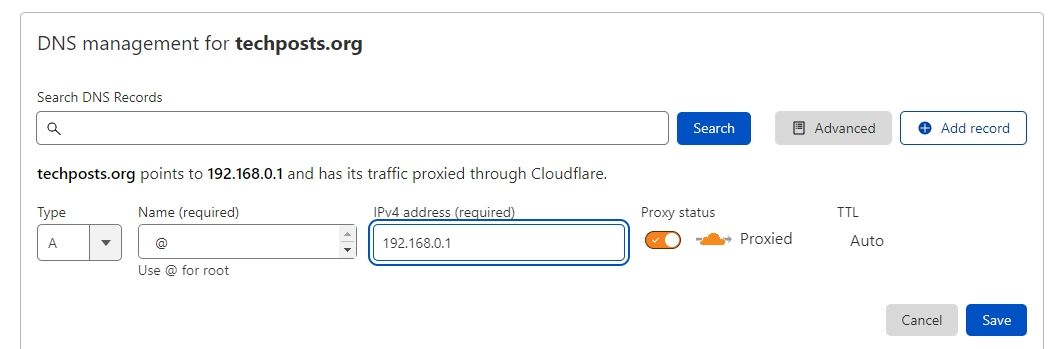 Добавление сайта в Cloudflare: интерфейс добавления записи