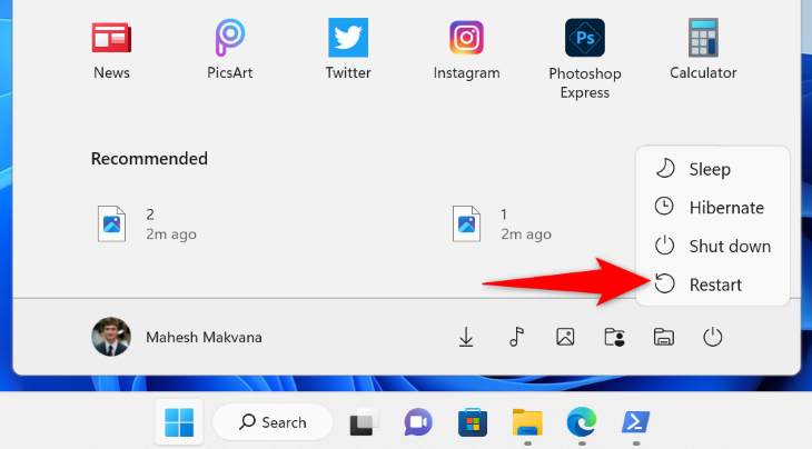 Выберите «Перезагрузить» в меню.