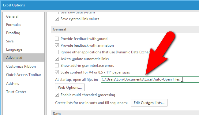 Поле At startup, open all files in (Ввод пути к папке автозагрузки)
