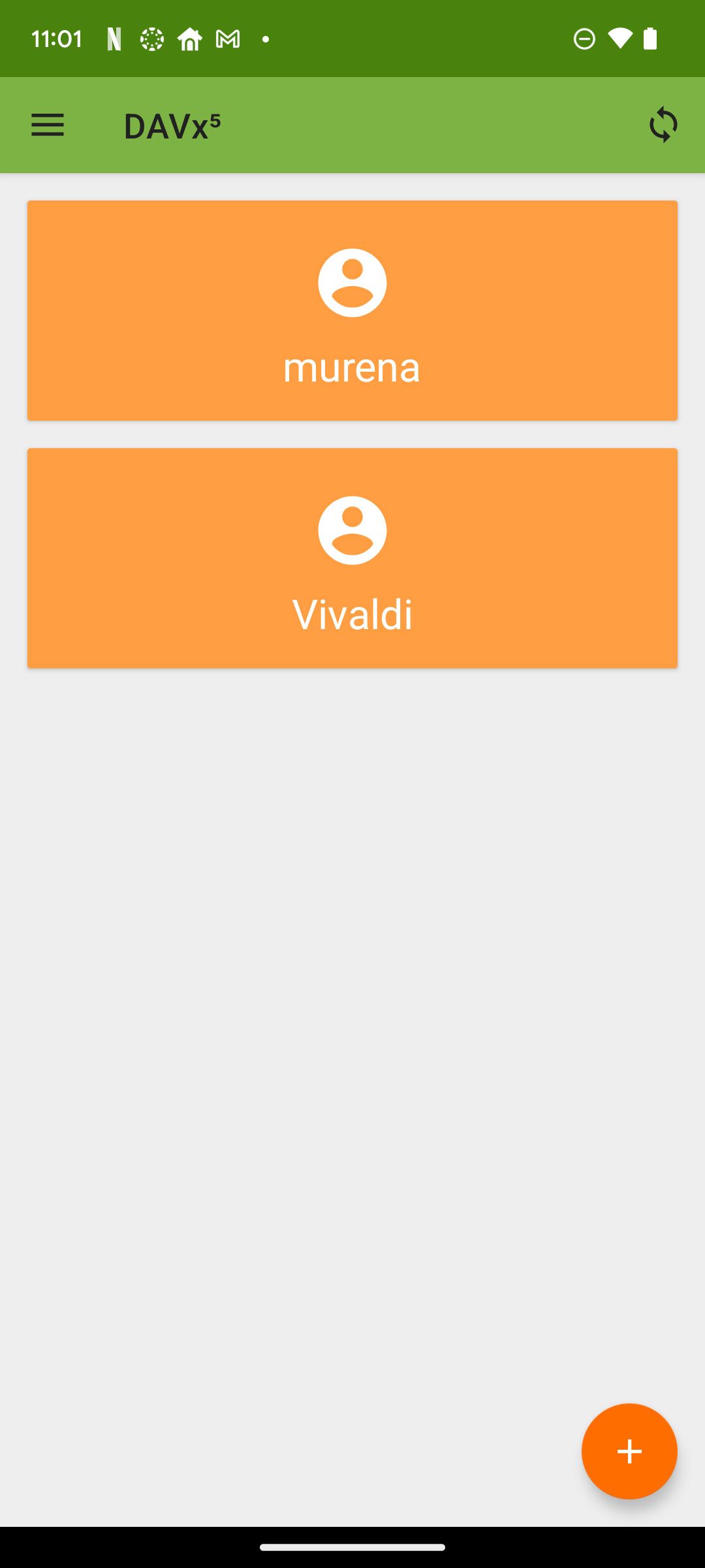 DavX5 screen showing what syncing accounts look like.