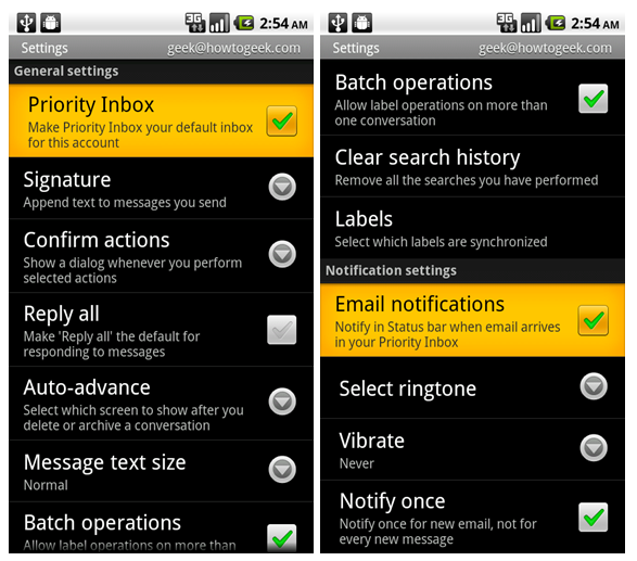 Экран настроек: включение Priority Inbox как основного ящика