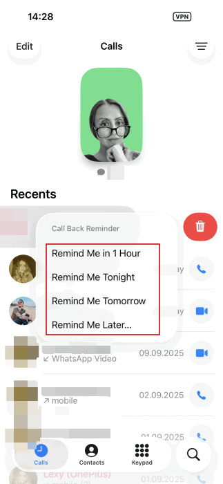 Setting timer for callback reminder in the Phone app on iPhone.  