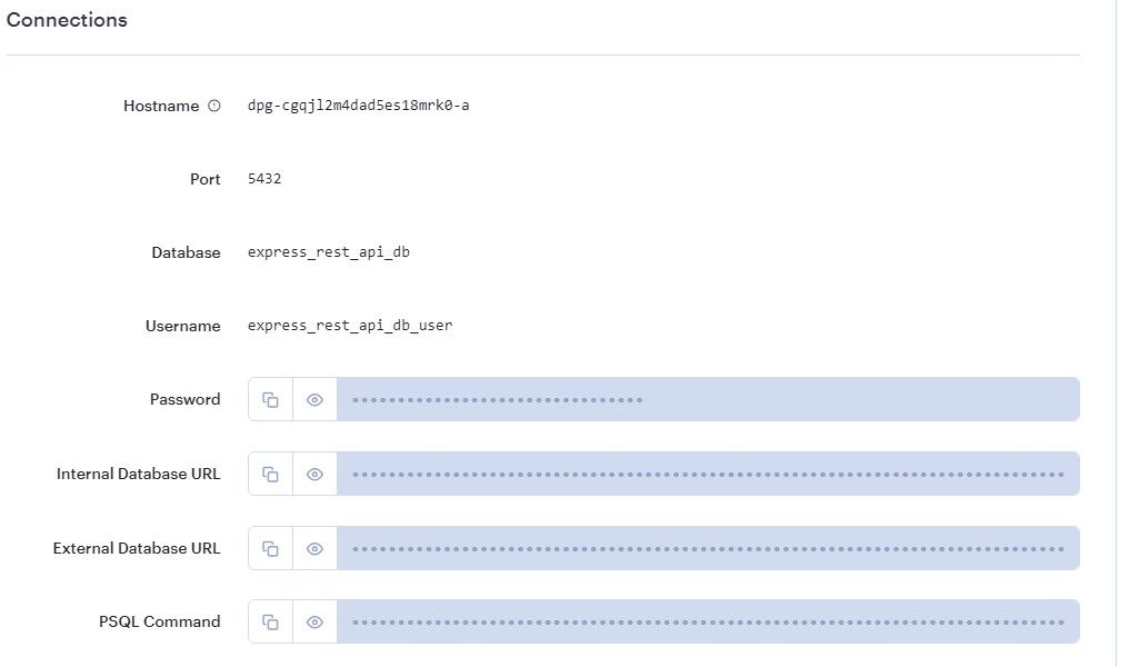 Информация о только что созданной базе данных PostgreSQL на странице настроек Render