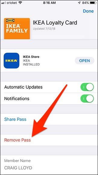 Кнопка «Удалить пропуск» в Wallet
