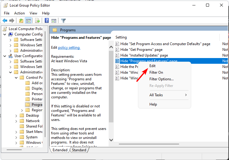 Опция Скрыть страницу Программы и компоненты