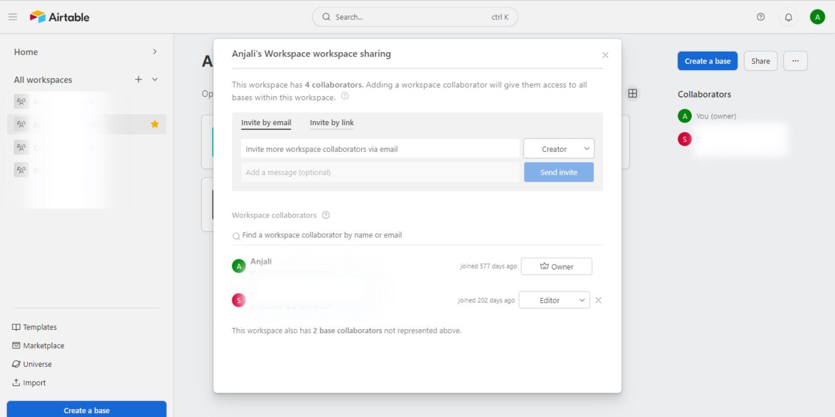 Скриншот Airtable, показывающий окно управления правами участников