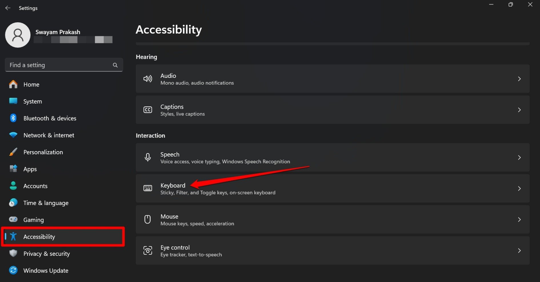 Параметры специальных возможностей — Клавиатура в Windows 11