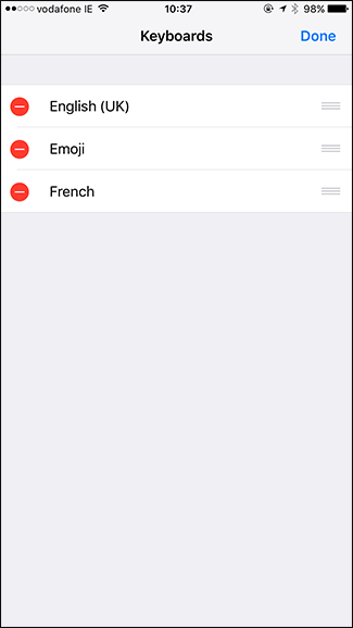 Экран редактирования списка клавиатур: удаление и перестановка