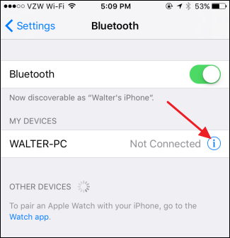 Кнопка информации рядом с устройством Bluetooth