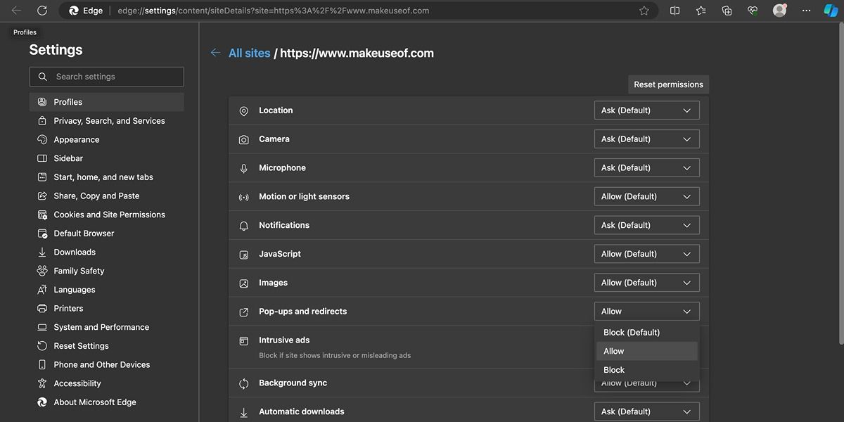 временное обход блокировщика всплывающих окон в Edge