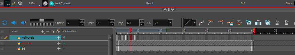 Таймлайн в Toon Boom Harmony 20 с пятью ключевыми кадрами
