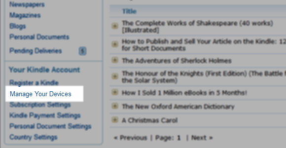 Меню управления контентом и устройствами на сайте Amazon