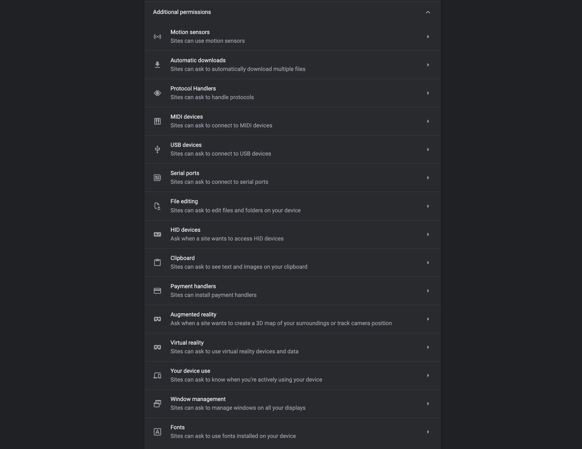 Полный список настроек разрешений в Google Chrome