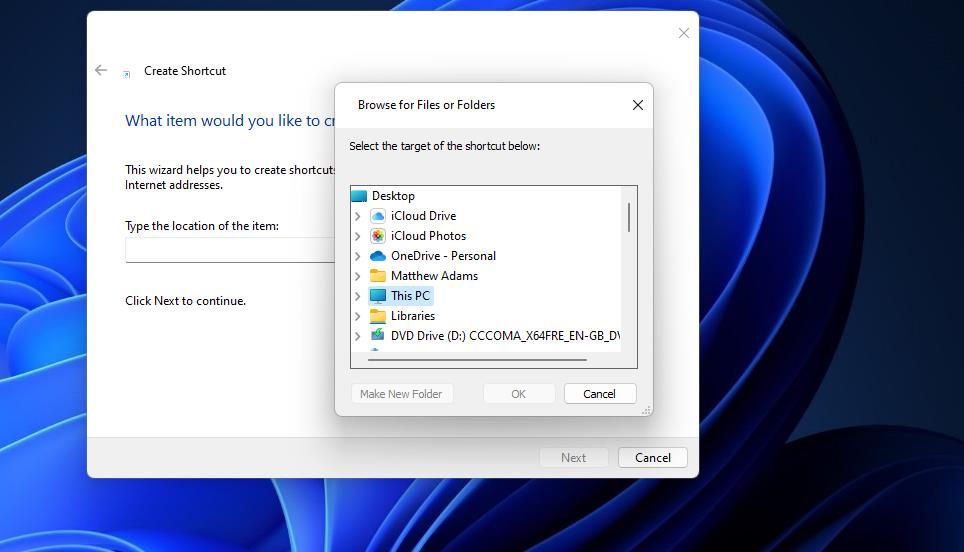 Окно создания ярлыка