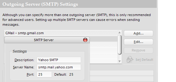 Список исходящих SMTP-серверов в Thunderbird