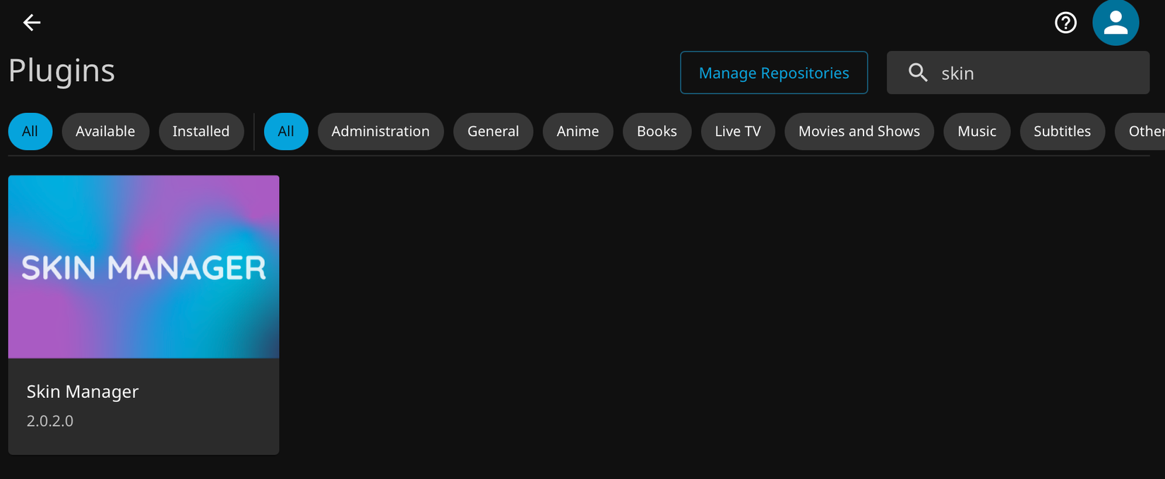 Установка плагина Jellyfin Skin Manager.