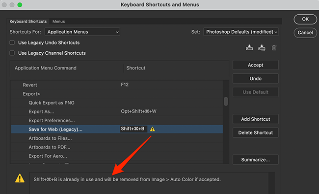 Сообщение об ошибке: сочетание клавиш уже используется другой командой.