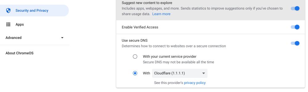 Изменение DNS в разделе Безопасность и Конфиденциальность в настройках Chromebook
