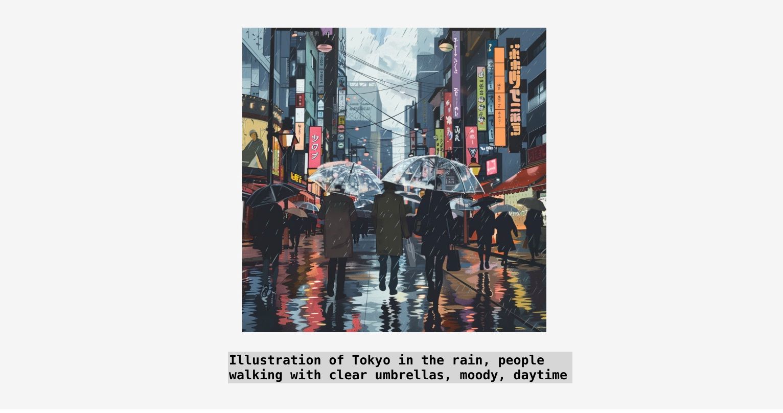 Иллюстрация улицы Токио при дневном дожде, созданная в Midjourney