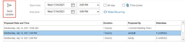 Выберите время и нажмите Отправить обновление